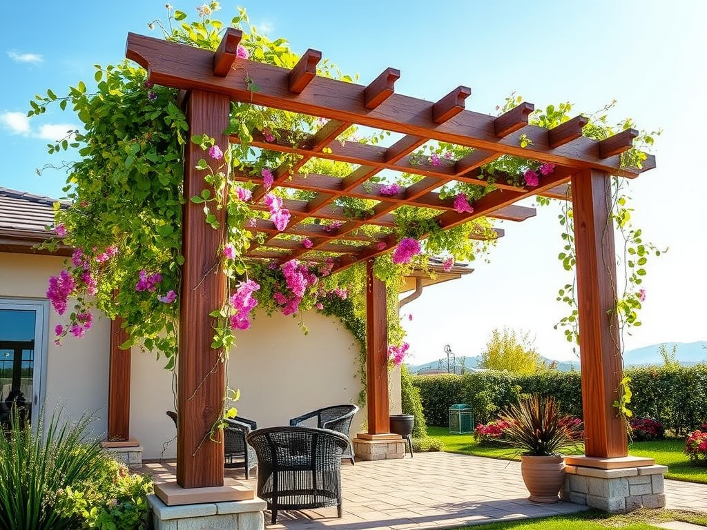 Beautiful Wood Pergola with Flowering Vines